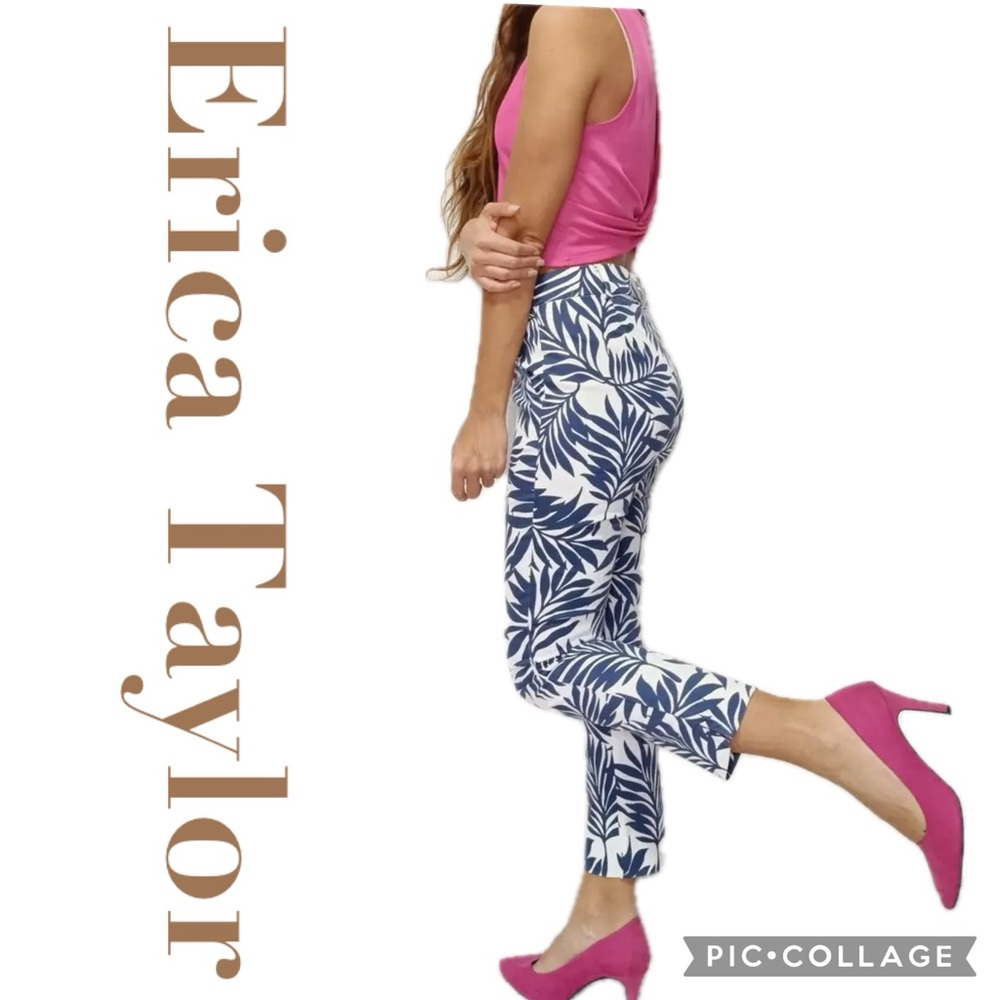 Erica Taylor Navy Blue & White Tropical Leaf Print Ultimate Stretch Ankle Pants